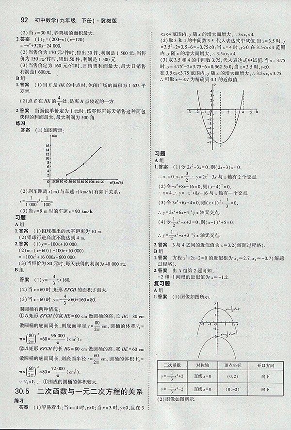 最新義務(wù)教育教科書冀教版數(shù)學(xué)九年級(jí)下冊(cè)參考答案