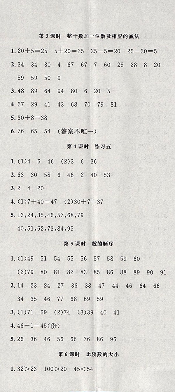 2018蘇教版非常1加1一課一練數(shù)學(xué)一年級(jí)下冊(cè)參考答案