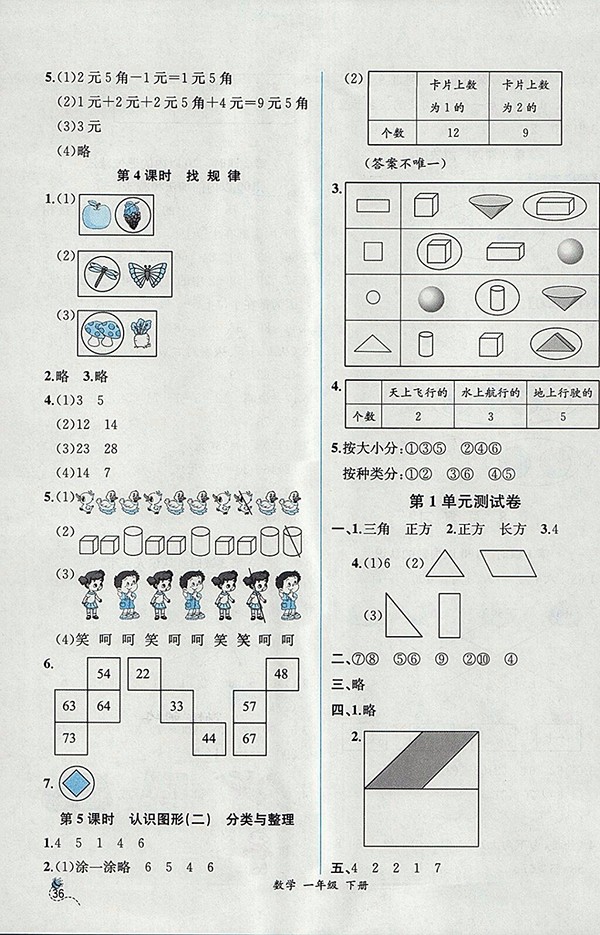 2018人教版同步導(dǎo)學(xué)案課時練一年級數(shù)學(xué)下冊參考答案