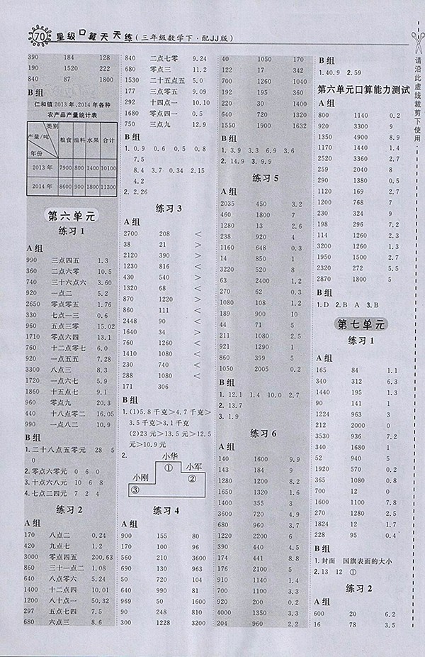 2018冀教版星級口算天天練數(shù)學(xué)三年級下冊參考答案