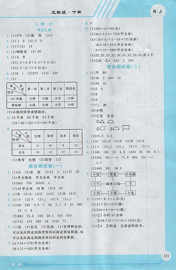 2018人教版小學數(shù)學全程解讀三年級下冊參考答案