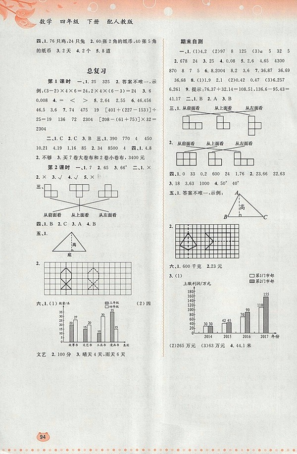 2018人教版新課程學(xué)習(xí)與測評同步學(xué)習(xí)四年級數(shù)學(xué)下冊參考答案