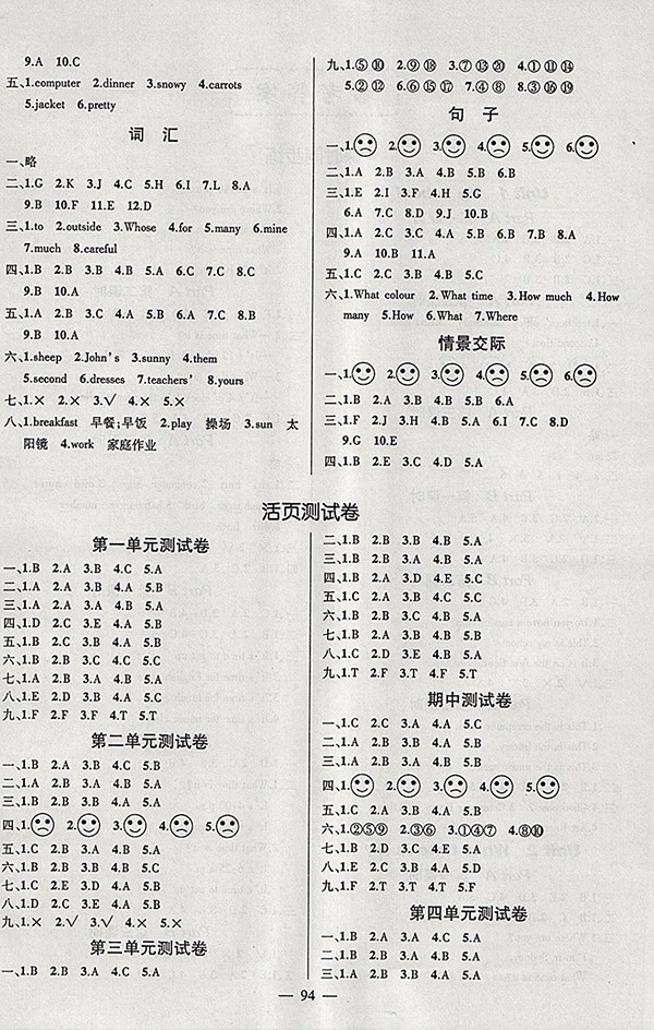 2018人教PEP版創(chuàng)優(yōu)作業(yè)100分導(dǎo)學(xué)案英語四年級(jí)下冊(cè)參考答案