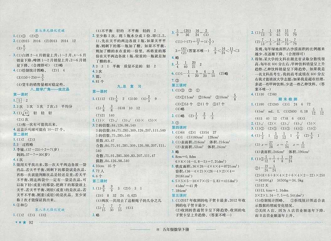 2018年人教版四川專版黃岡小狀元作業(yè)本五年級(jí)數(shù)學(xué)下冊參考答案