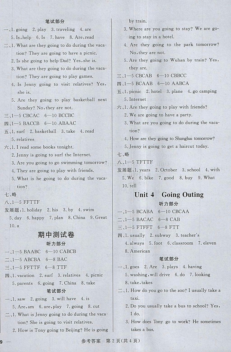 2018年香山狀元坊全程突破導(dǎo)練測(cè)五年級(jí)英語(yǔ)下冊(cè)參考答案