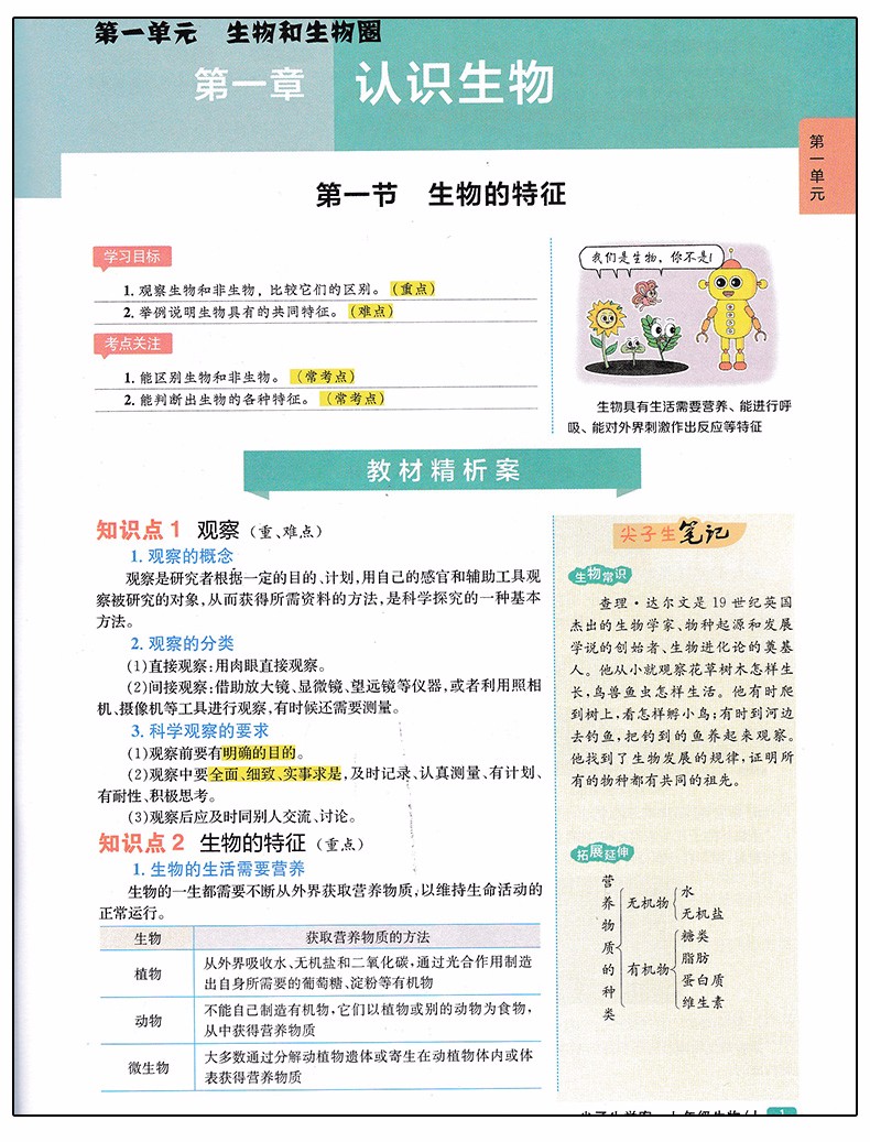 2019版新課標(biāo)人教版尖子生學(xué)案七年級(jí)上冊(cè)生物參考答案