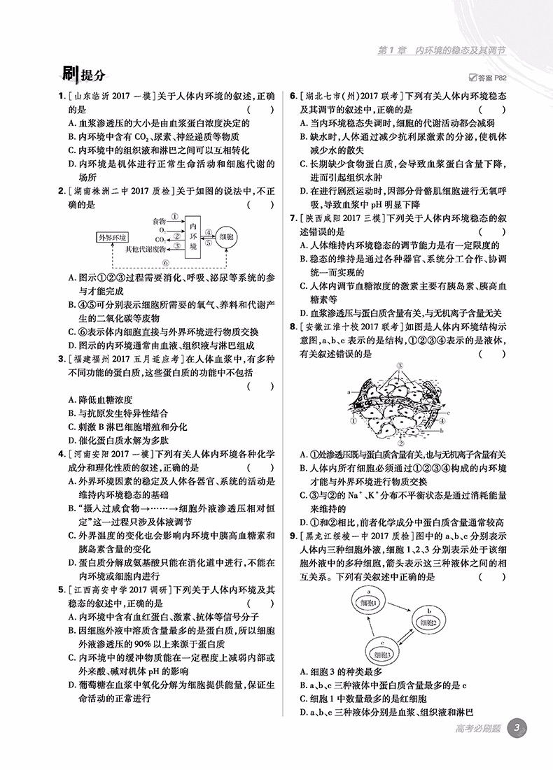 2019高考必刷題生物3穩(wěn)態(tài)與環(huán)境參考答案