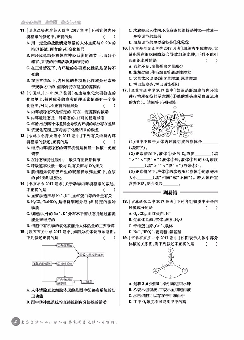 2019高考必刷題生物3穩(wěn)態(tài)與環(huán)境參考答案