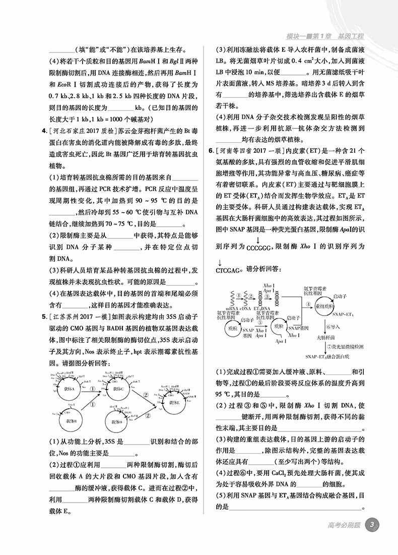 2019高考必刷題生物4現(xiàn)代生物科技與生物技術(shù)實踐參考答案