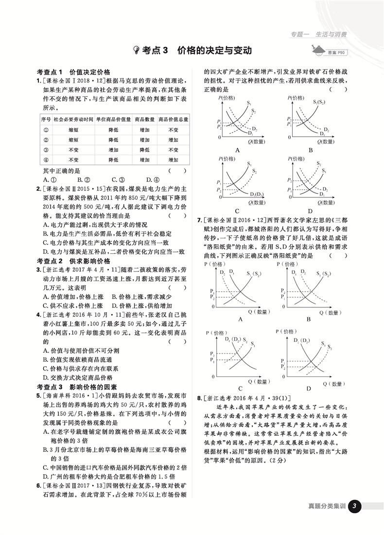 2019高考必刷題政治真題分類訓練參考答案