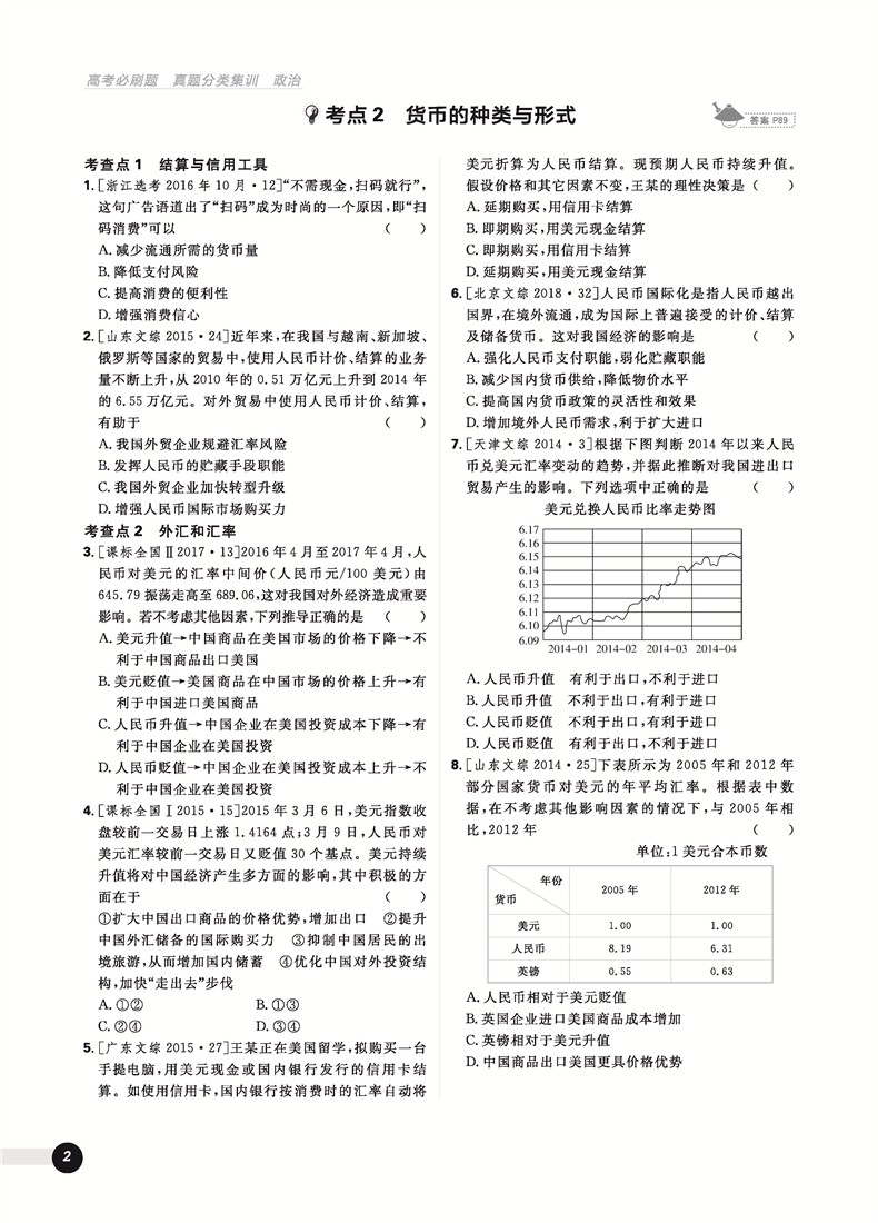 2019高考必刷題政治真題分類訓練參考答案