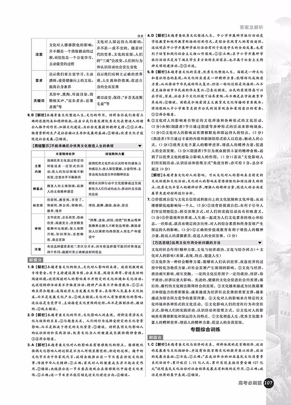 2019高考必刷題政治2哲學(xué)與文化參考答案