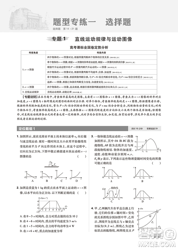 2019高考必刷題分題型強(qiáng)化物理參考答案