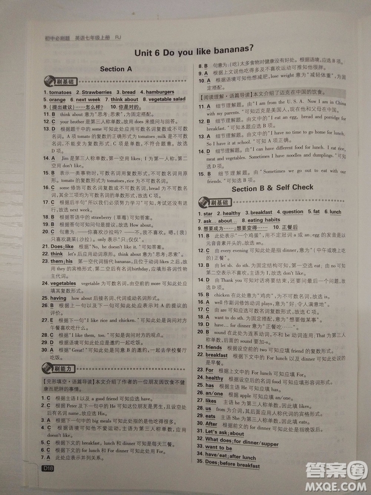 2019新版初中必刷題七年級上冊英語人教版參考答案 