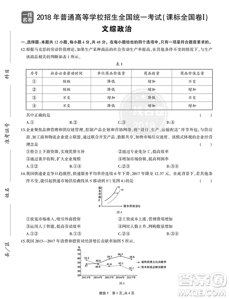 曲一線一線名卷2019版政治高考真題詳解