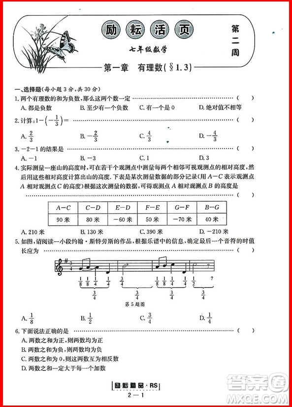 2018年人教版勵(lì)耘書業(yè)勵(lì)耘活頁周周練七年級(jí)上冊(cè)數(shù)學(xué)參考答案