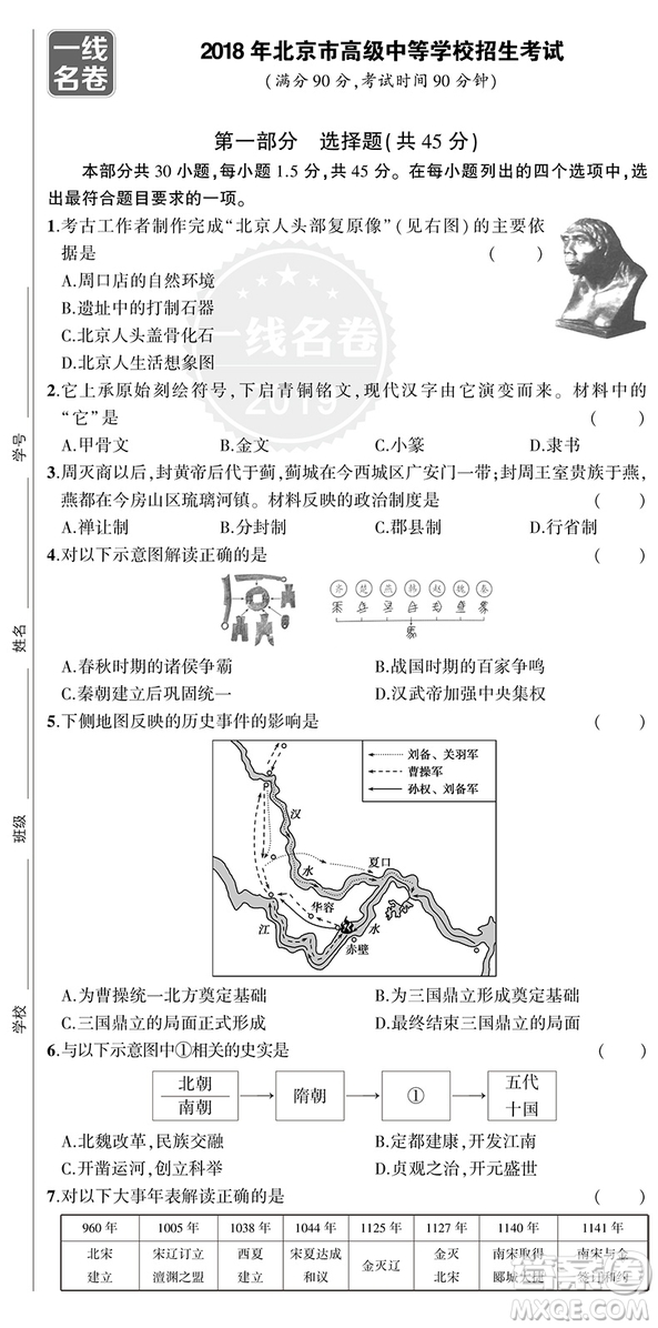 2019一線名卷53金卷系列全國各省市近7年中考真題卷歷史參考答案