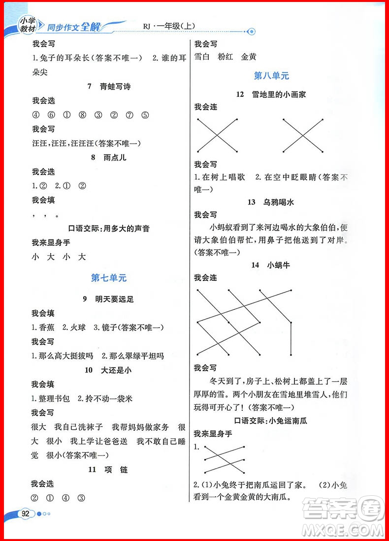 2018年人教部編版小學(xué)教材同步作文全解說話寫話 一年級上冊參考答案