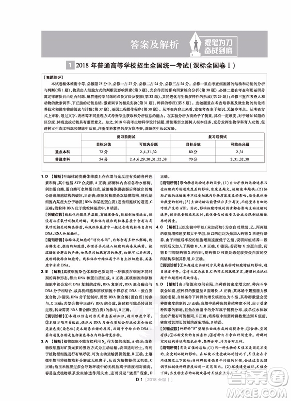 2019高考必刷卷十年真題生物參考答案