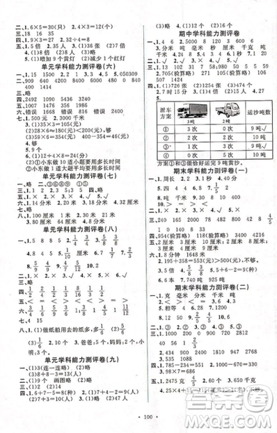 2018新版能力培養(yǎng)與測(cè)試三年級(jí)上冊(cè)數(shù)學(xué)人教版參考答案