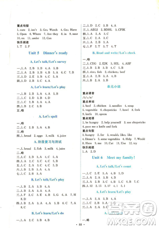 2018人教PEP版英語四年級上冊能力培養(yǎng)與測試參考答案