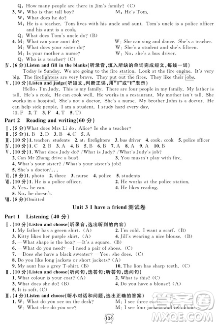 2018年滿分訓練與測試金試卷四年級上冊英語N版參考答案