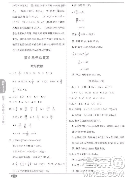 2018秋教材1+1六年級上冊數(shù)學(xué)人教版參考答案