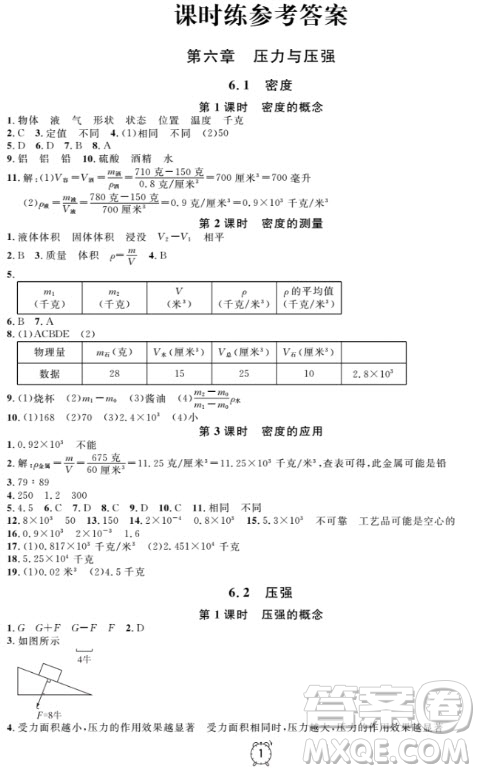 上海作業(yè)物理9年級(jí)上2018參考答案