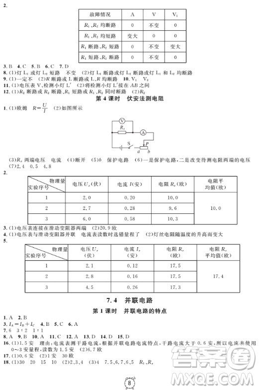 上海作業(yè)物理9年級(jí)上2018參考答案