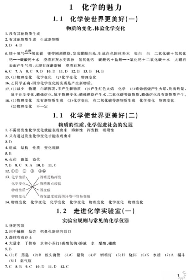 2018全新修訂版鐘書金牌上海作業(yè)九年級上化學(xué)參考答案