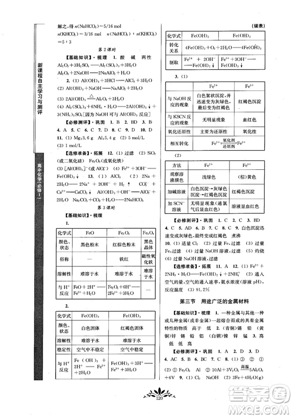 2018秋新課程自主學(xué)習(xí)與測(cè)評(píng)高中化學(xué)必修一人教版參考答案