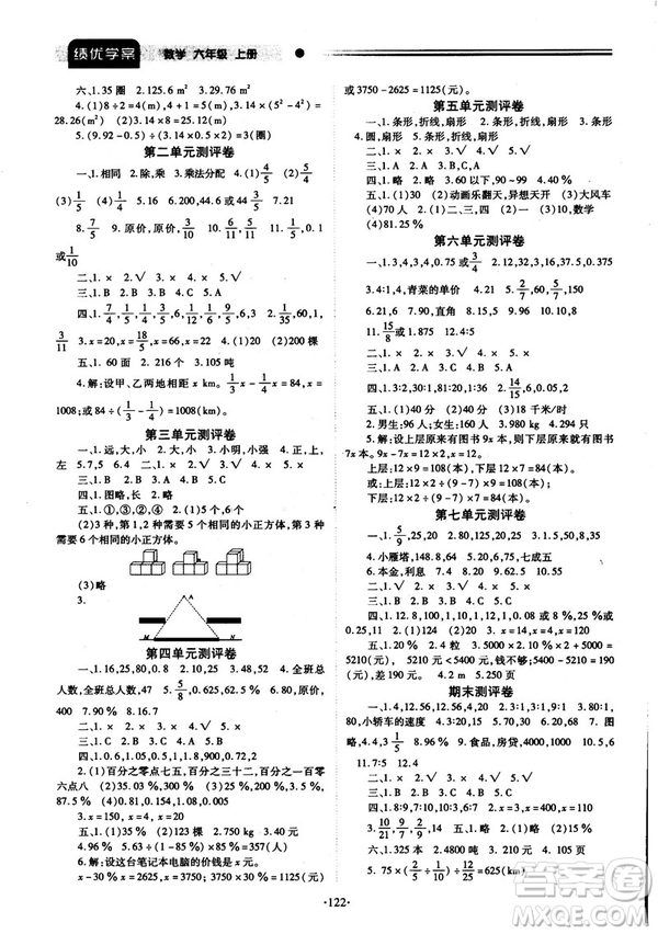 2018年最新版小學(xué)生績(jī)優(yōu)學(xué)案六年級(jí)數(shù)學(xué)上冊(cè)參考答案