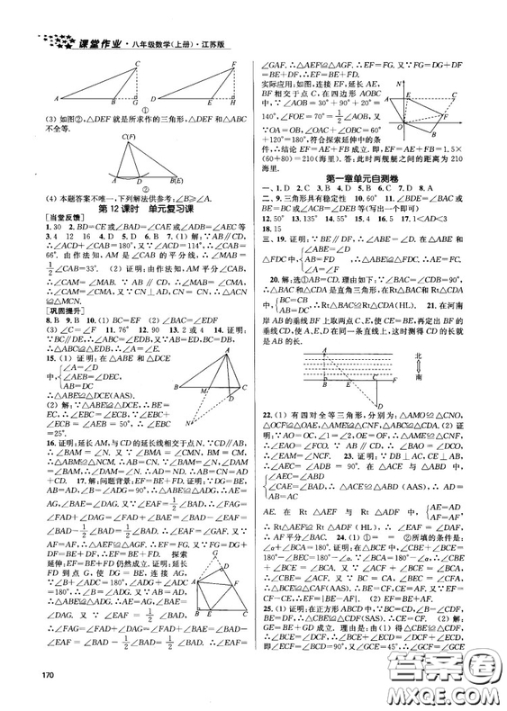 金三練2018課堂作業(yè)實(shí)驗(yàn)提高訓(xùn)練八年級(jí)數(shù)學(xué)上江蘇版答案