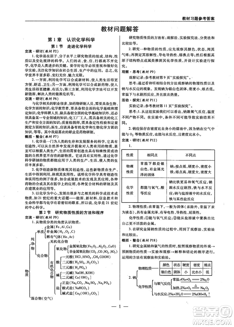 教材解讀與拓展2019魯科版高中化學(xué)必修1參考答案