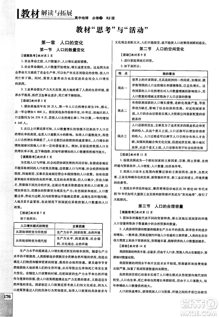 2019人教版教材解讀與拓展高中地理必修2參考答案