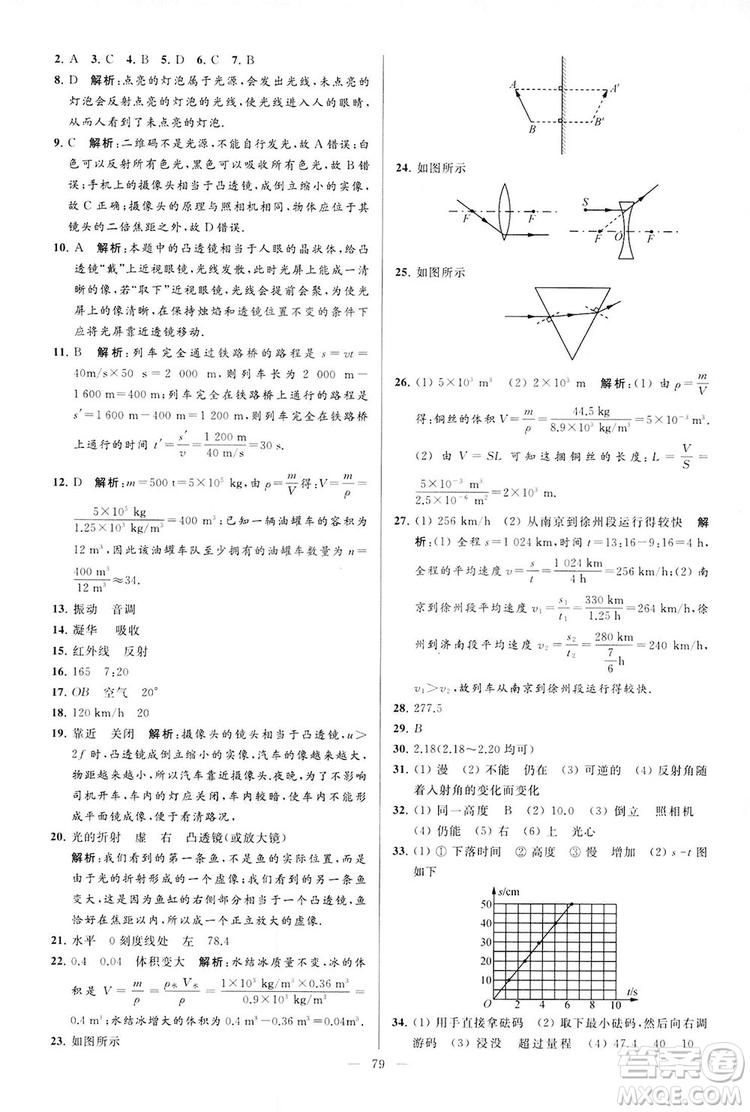 2018亮點給力大試卷物理八年級上冊江蘇版答案