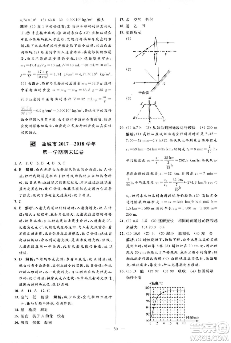 2018亮點給力大試卷物理八年級上冊江蘇版答案