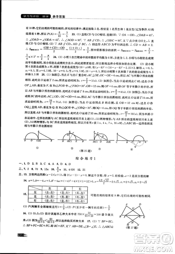 2018秋蘇科版數學學習與評價九年級上冊參考答案