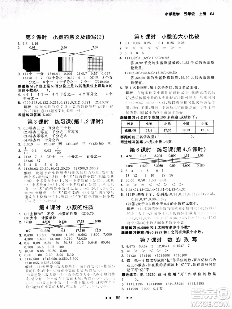 53天天練五年級數(shù)學(xué)上冊SJ蘇教版9787504197856參考答案