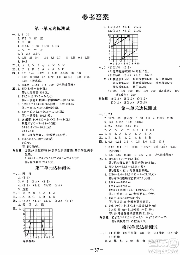 53天天練五年級上冊數(shù)學(xué)人教版9787504196156參考答案