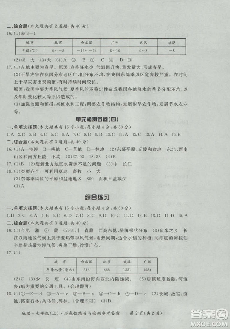 2018秋七年級地理上新課標形成性練習(xí)與檢測參考答案