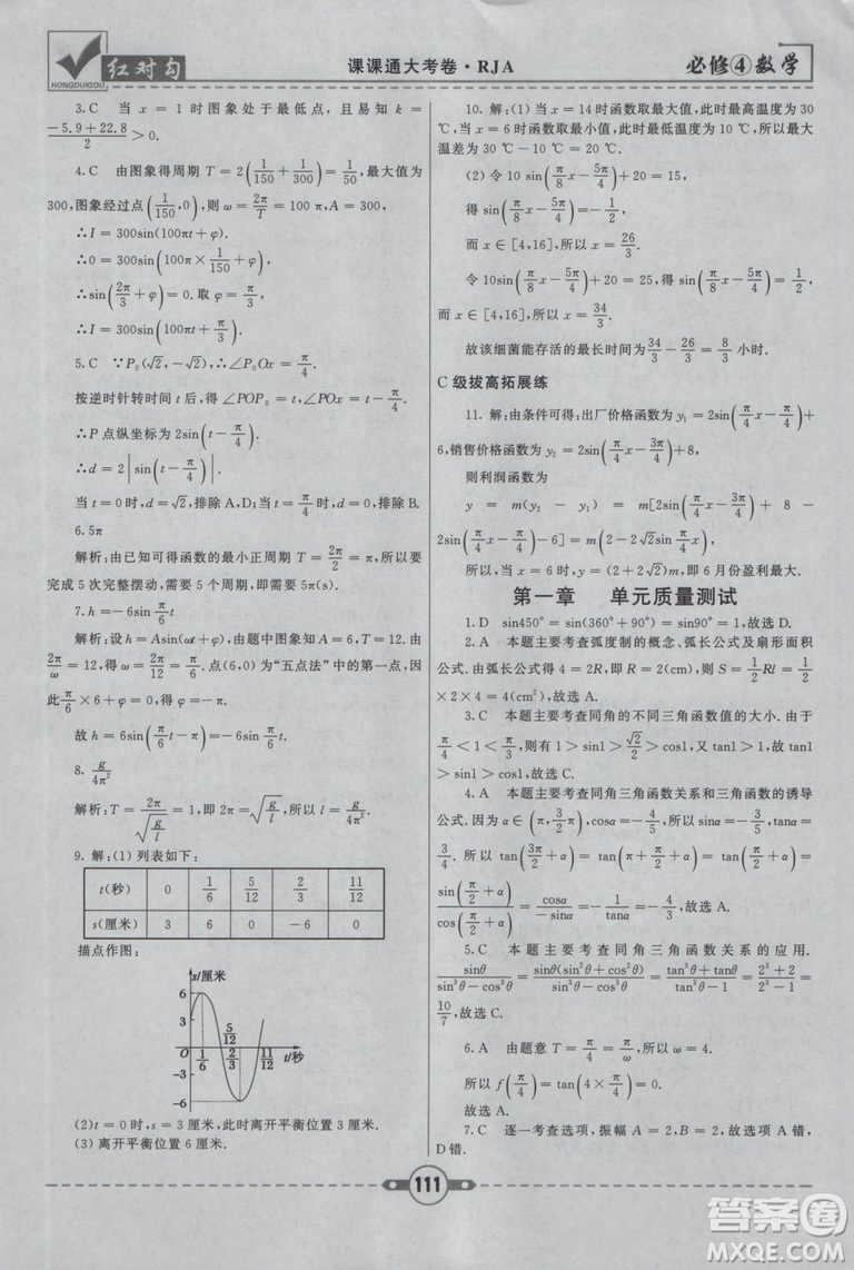 紅對勾2019人教A版課課通大考卷高中數(shù)學(xué)必修4參考答案