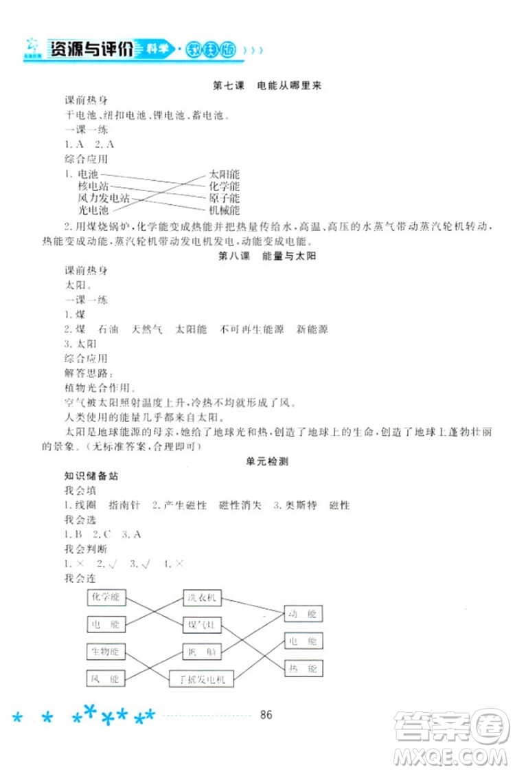 2018教科版資源與評價六年級上冊科學(xué)參考答案