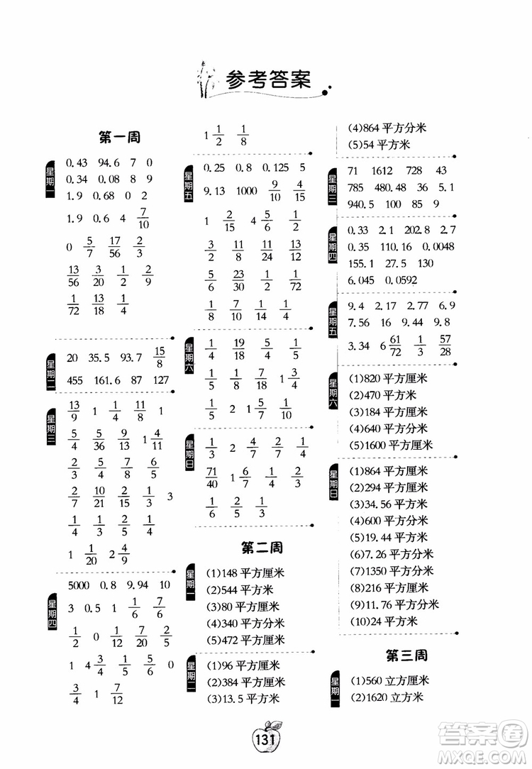 2018秋春雨教育專項(xiàng)訓(xùn)練小學(xué)數(shù)學(xué)計(jì)算高手六年級(jí)數(shù)學(xué)上冊(cè)JSJY蘇教版參考答案