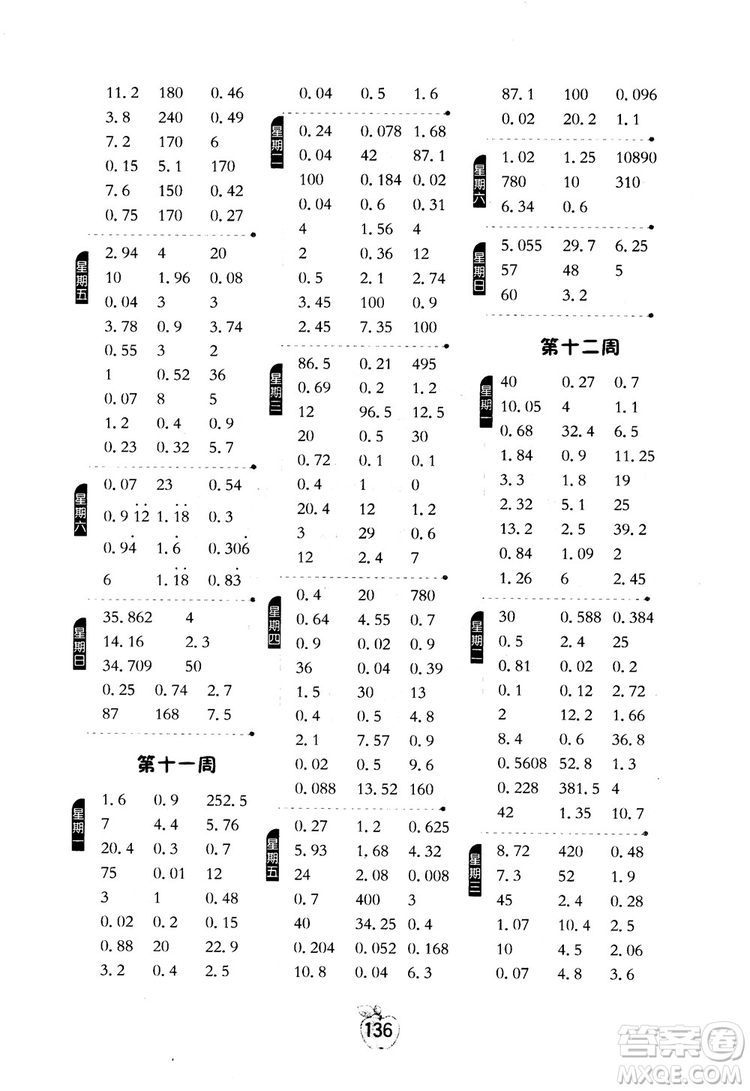 2018秋小學數(shù)學計算高手5五年級上冊人教版參考答案