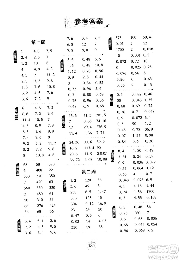 2018秋小學數(shù)學計算高手5五年級上冊人教版參考答案