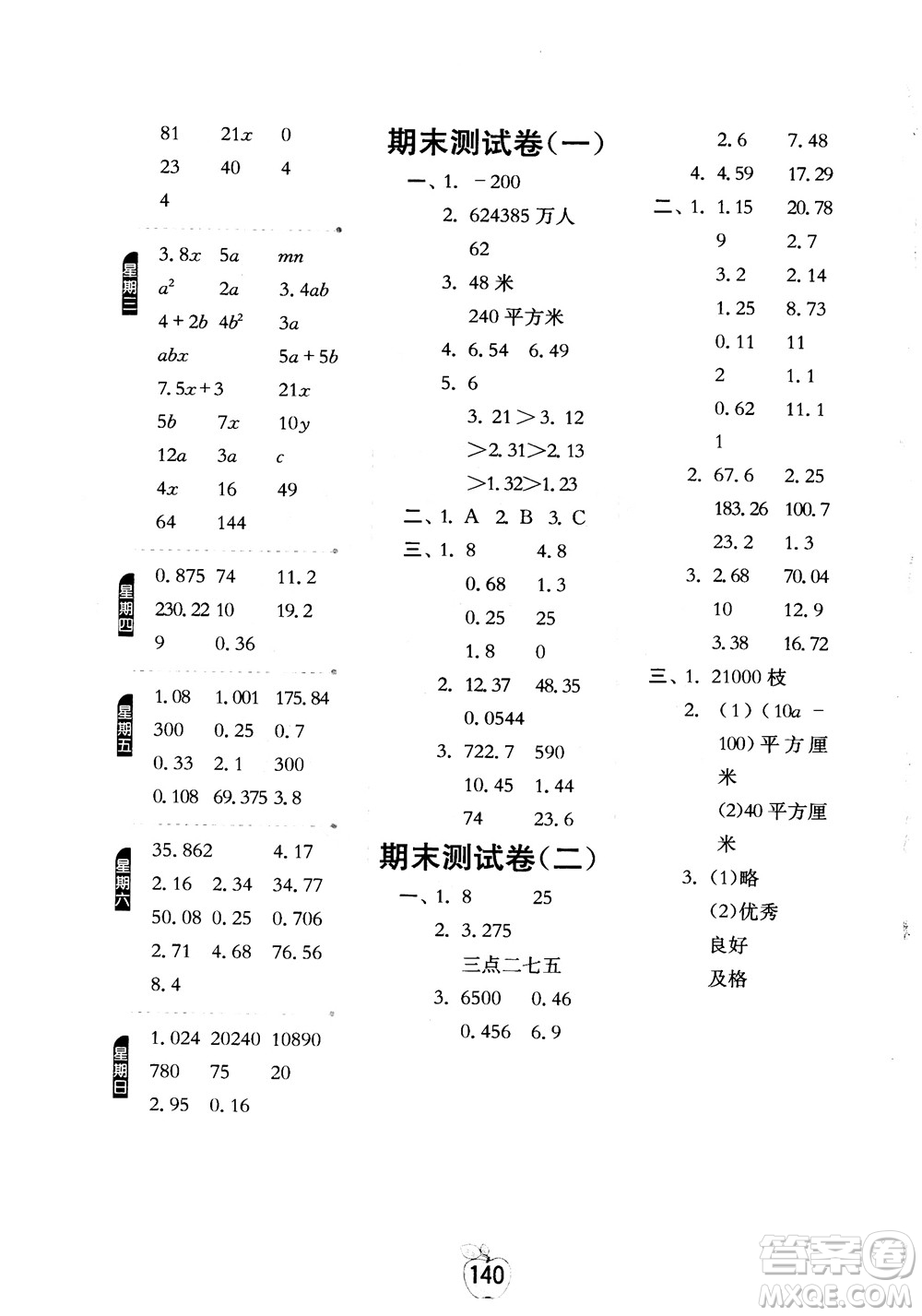 2018秋春雨教育專(zhuān)項(xiàng)巧練小學(xué)數(shù)學(xué)計(jì)算高手五年級(jí)上參考答案