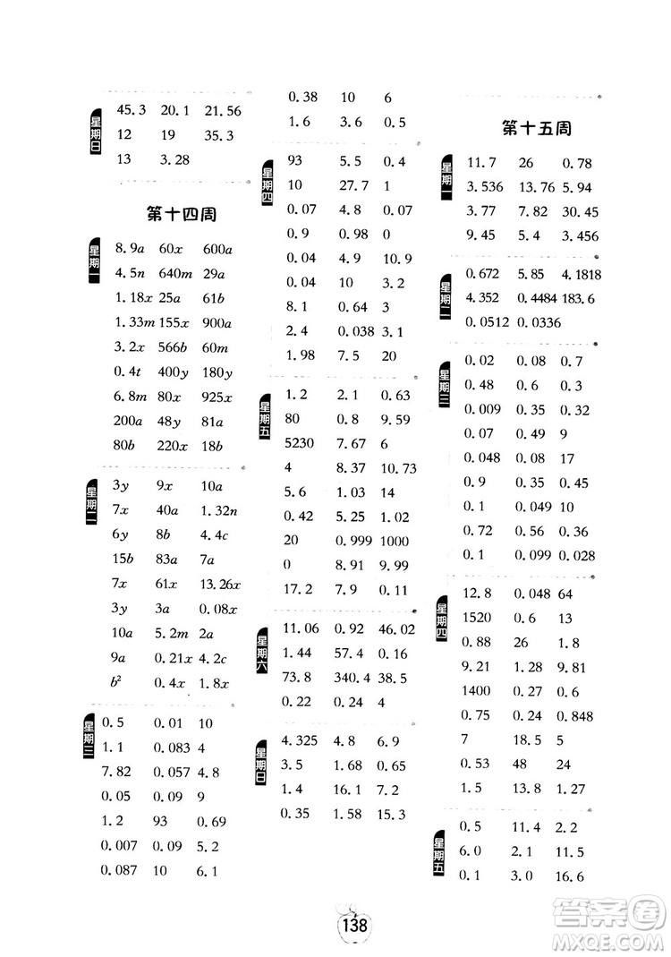 2018秋春雨教育專(zhuān)項(xiàng)巧練小學(xué)數(shù)學(xué)計(jì)算高手五年級(jí)上參考答案