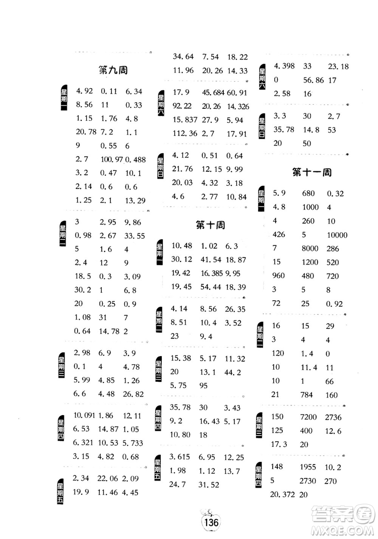 2018秋春雨教育專(zhuān)項(xiàng)巧練小學(xué)數(shù)學(xué)計(jì)算高手五年級(jí)上參考答案