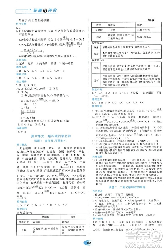 黑龍江教育出版社2018年資源與評價化學(xué)九年級上冊人教版參考答案